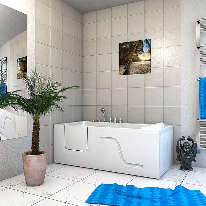 AcquaVapore Badewanne Fertigdusche S17-TH-WP-R - 75 x 150 cm, Acryl, Weiß - Eine weiße barrierefreie Badewanne mit Tür in einem modernen Badezimmer, ergänzt durch eine Palme, eine blaue Badematte und Wandkunst.