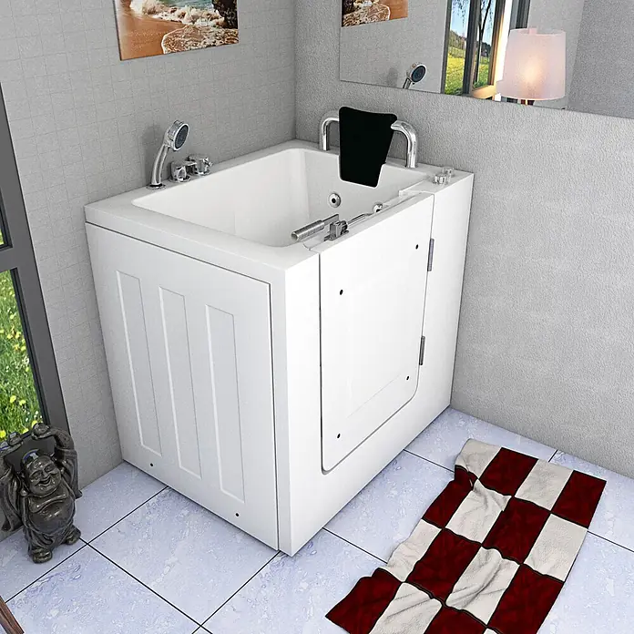 AcquaVapore Badewanne Fertigdusche S02WP-C-R - Acryl, Weiß - Weiße begehbare Badewanne mit Einstiegstür und Chromarmaturen, für Barrierefreiheit konzipiert.