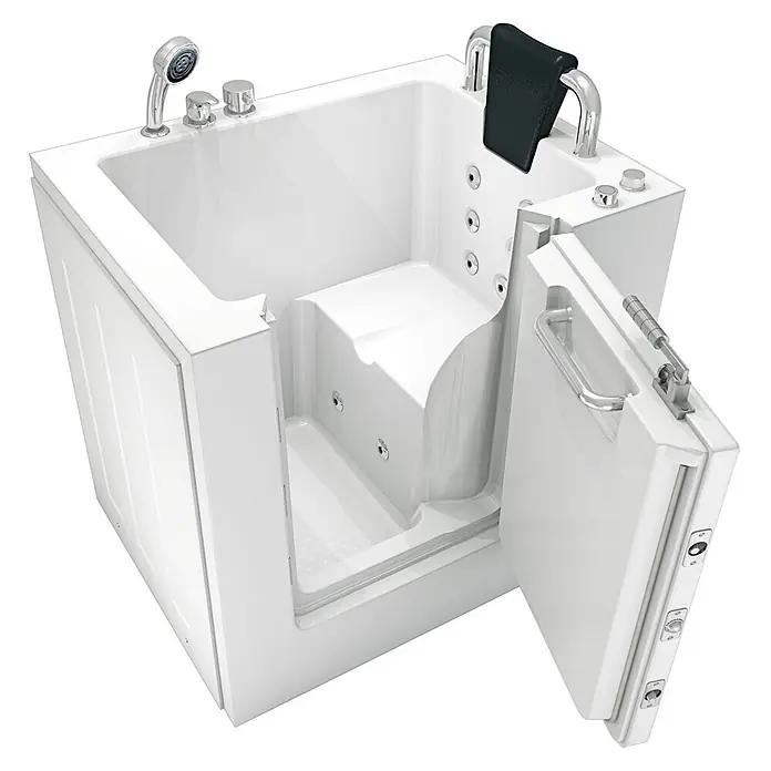 AcquaVapore Badewanne Fertigdusche S02WP-C-R - Acryl, Weiß - Weiße Einstiegswanne mit integriertem Sitz, Hydromassagedüsen, Handbrause und offener Zugangstür. Für barrierefreies Baden.