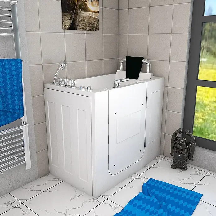 AcquaVapore Badewanne Fertigdusche S08WP-TH-C-R - 110 x 68 cm, Acryl, Weiß - Weiße Badewanne mit Tür und Chromarmaturen, für einfachen Zugang.