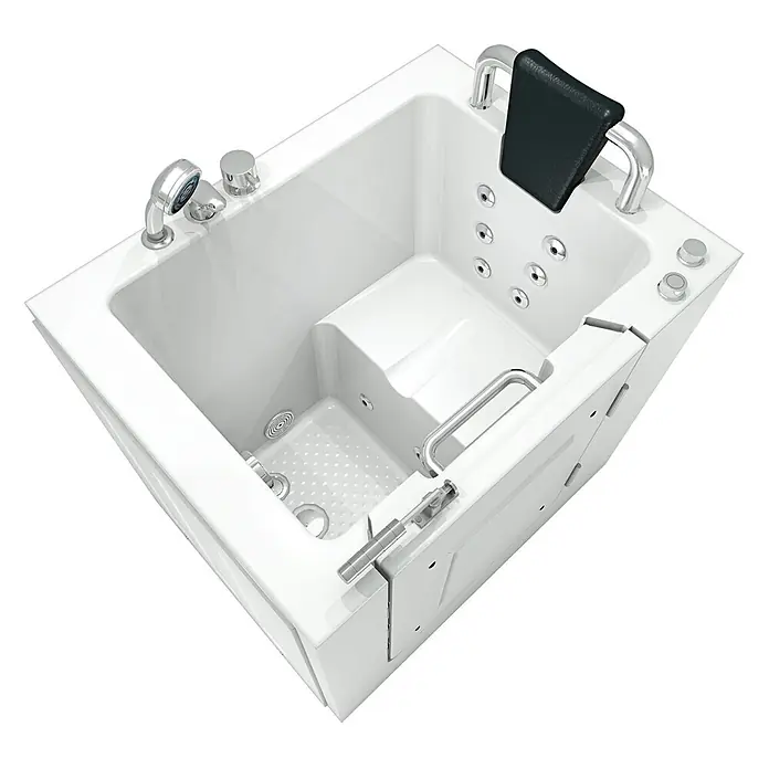 AcquaVapore Badewanne Fertigdusche S02WP-C-R - Acryl, Weiß - Weiße Einstiegswanne mit schwarzer Kopfstütze, Chromarmaturen, integriertem Sitz, Hydrotherapie-Düsen und Zugangstür.