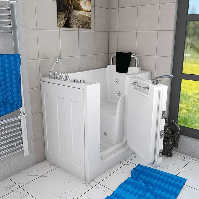 AcquaVapore Badewanne Fertigdusche S08WP-TH-C-R - 110 x 68 cm, Acryl, Weiß - Weiße begehbare Badewanne mit offener Tür, integriertem Sitz und Düsen für barrierefreies Baden.