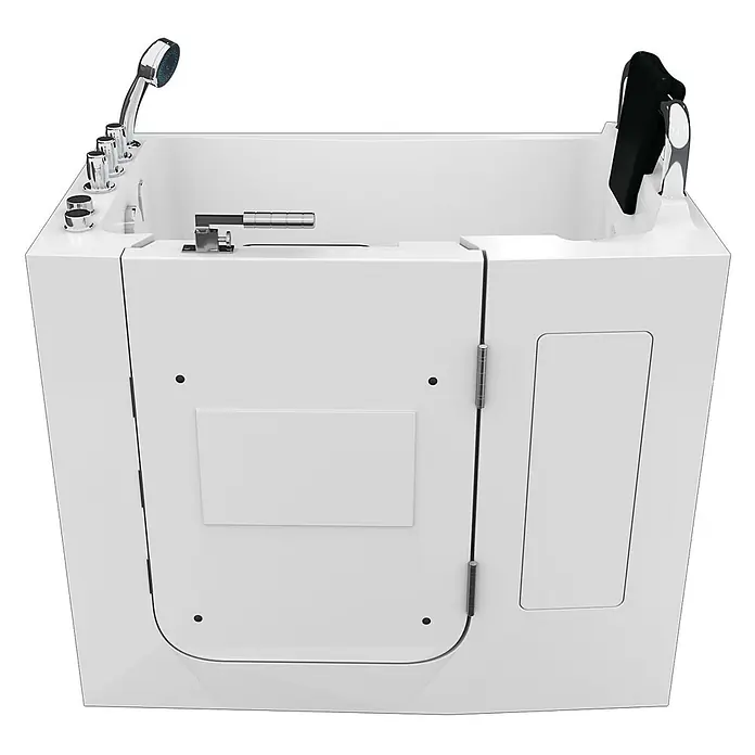 AcquaVapore Badewanne Fertigdusche S08WP-TH-C-R - 110 x 68 cm, Acryl, Weiß - Weißer begehbarer Badewanne mit Seitentür, Handbrause, Bedienknöpfen und schwarzem Haltegriff für Barrierefreiheit.