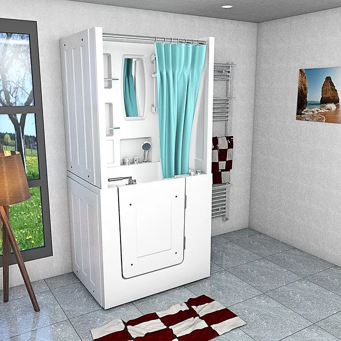 AcquaVapore Badewanne Fertigdusche S02D-WP-B-R - 100 x 78 cm, Acryl, Weiß - Weiße barrierefreie Duschbadewanne mit blauem Vorhang in einem modernen Badezimmer.