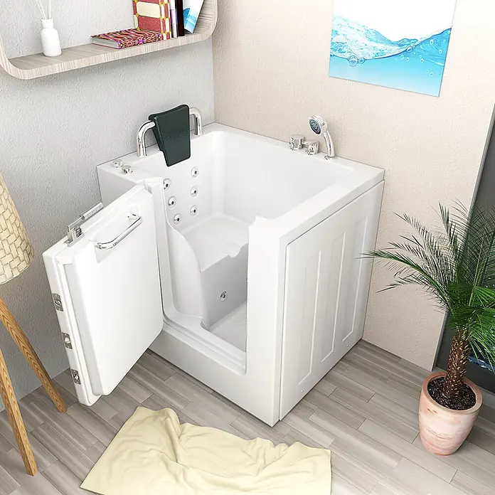 AcquaVapore Badewanne Fertigdusche S02WP-A-L - 78 x 100 cm, Acryl, Weiß - Weiße begehbare Badewanne mit offener Tür, integriertem Sitz und Hydromassage-Düsen in einem modernen Badezimmer.