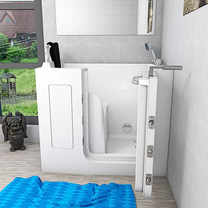 AcquaVapore Badewanne Fertigdusche S08WP-C-R - 110 x 68 cm, Acryl, Weiß - Weiße begehbare Badewanne mit offener Tür, die ihr barrierefreies Design und die integrierte Dusche in einem modernen Badezimmer zeigt.