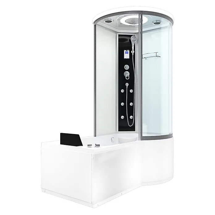AcquaVapore Komplettdusche Fertigdusche K55-L01-WP-EC - Weiß - Weiße Duschkabine mit integrierter Badewanne, schwarzem Bedienfeld, Regendusche, Handbrause und Massagedüsen.