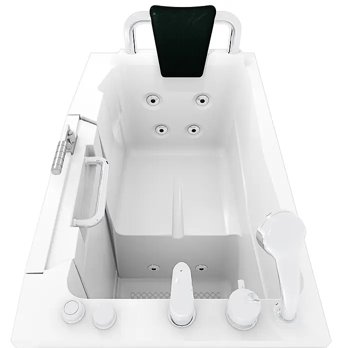 AcquaVapore Badewanne Fertigdusche S08WP-C-R - 110 x 68 cm, Acryl, Weiß - Weiße barrierefreie Badewanne mit schwarzer Kopfstütze, Chromhaltegriffen, integrierter Armatur, Handbrause und Whirlpooldüsen für zugängliches Baden.