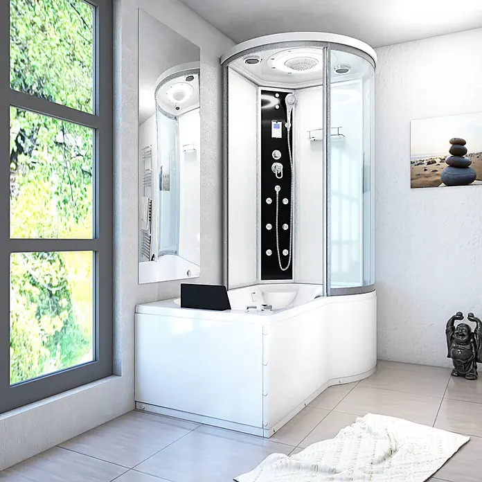 AcquaVapore Komplettdusche Fertigdusche K55-L01-WP-EC - Weiß - Moderne weiße Eckduschkabine mit integrierter Badewanne, schwarzem Bedienfeld und Glastüren in einem hellen Badezimmer.