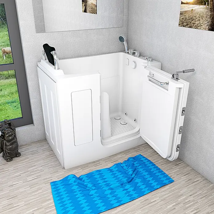 AcquaVapore Badewanne Fertigdusche S08WP-C-R - 110 x 68 cm, Acryl, Weiß - Weiße begehbare Badewanne mit offener Tür, integrierter Dusche und Haltegriffen für barrierefreies und sicheres Baden.