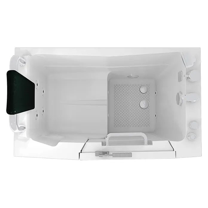 AcquaVapore Badewanne Fertigdusche S08WP-C-R - 110 x 68 cm, Acryl, Weiß - Weiße barrierefreie Badewanne mit dunkelgrüner Kopfstütze, rutschfestem Boden, Haltegriffen, Hydromassage-Düsen und Handbrause.