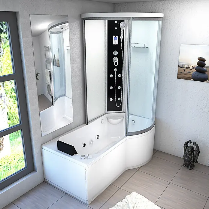 AcquaVapore Komplettdusche Fertigdusche K55-L01-WP-EC - Weiß - Weiße Eckbadewanne mit integrierter Hydromassage-Duschkabine und schwarzem Bedienfeld in modernem Bad.