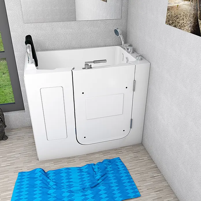 AcquaVapore Badewanne Fertigdusche S08WP-C-R - 110 x 68 cm, Acryl, Weiß - Weiße begehbare Badewanne mit seitlicher Tür, Haltegriff und Handbrause im modernen Badezimmer.