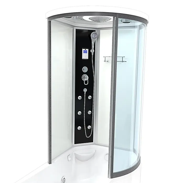 AcquaVapore Komplettdusche Fertigdusche K55-L01-WP-EC - Weiß - Moderne weiße Duschkabine mit integrierter Badewanne, schwarzem Bedienfeld, Chromarmaturen und Klarglastüren.