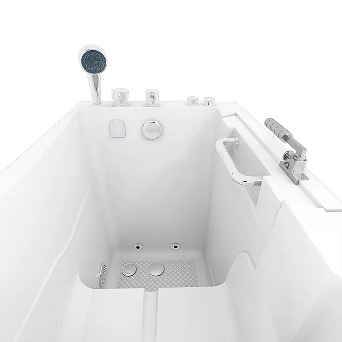 AcquaVapore Badewanne Fertigdusche S08WP-C-R - 110 x 68 cm, Acryl, Weiß - Weiße begehbare Badewanne mit Duschkopf, Armaturen, Haltegriff und strukturiertem Boden für barrierefreies Baden.