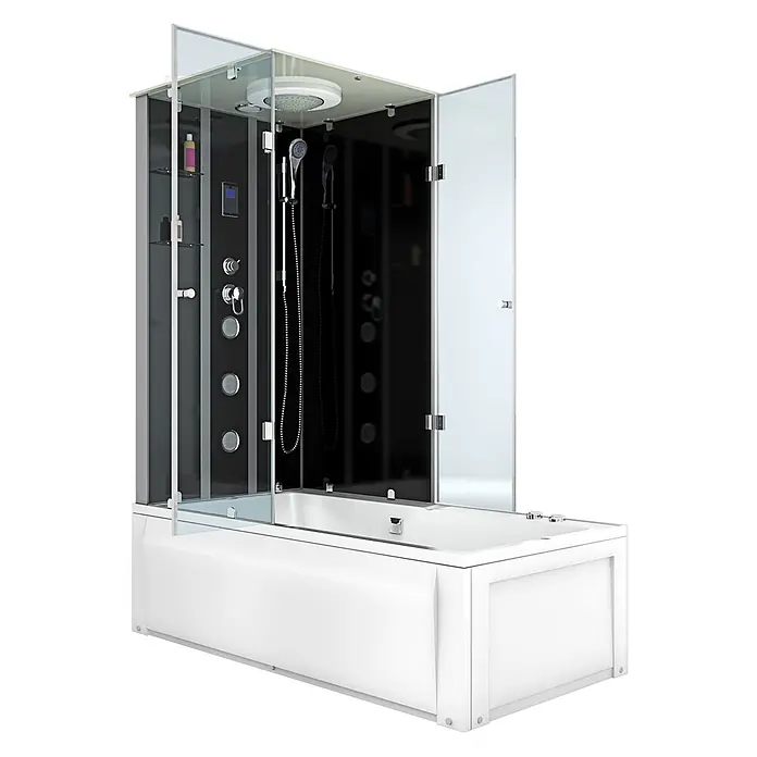 AcquaVapore Komplettdusche Fertigdusche K05-R31-WP-EC - Schwarz - Weiße Badewanne mit integrierter schwarz-grauer Duschkabine, Glastüren, mehreren Duschköpfen und Bedienelementen.