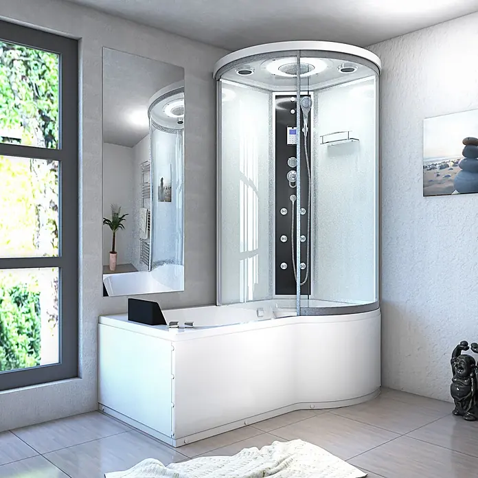 AcquaVapore Komplettdusche Fertigdusche K55-L01-WP-EC - Weiß - Weiße Eckduschkabine mit integrierter Badewanne und schwarzem Bedienfeld in einem modernen Badezimmer.