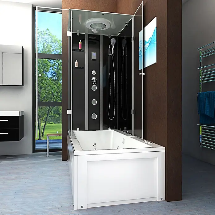 AcquaVapore Komplettdusche Fertigdusche K05-R31-WP-EC - Schwarz - Moderne Dusch-Badewannen-Kombination mit weißer Wanne, schwarzem Duschpaneel und klarer Glasabtrennung im Bad.