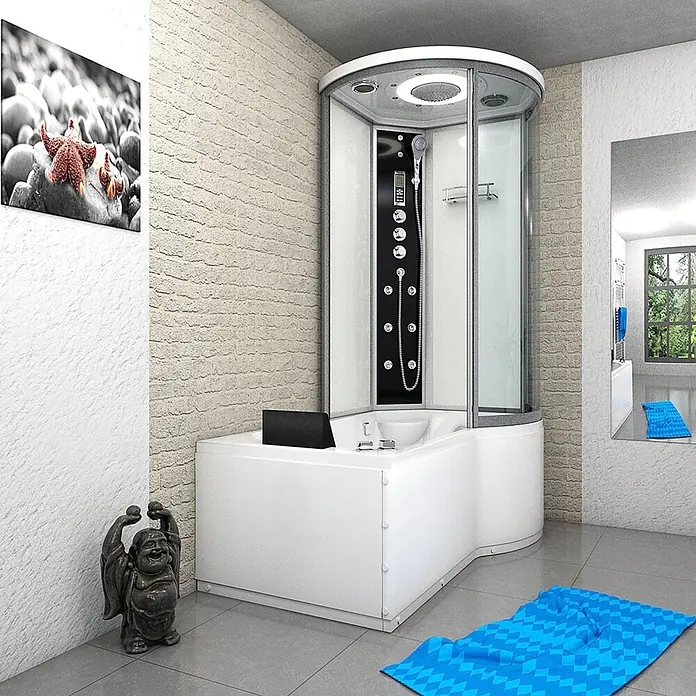 AcquaVapore Komplettdusche Fertigdusche K55-L03-WP - 170 x 98 x 220 cm, Weiß - Weiße Eckduschkabine mit integrierter Badewanne, schwarzem Bedienfeld und klaren Glastüren in einem modernen Badezimmer.