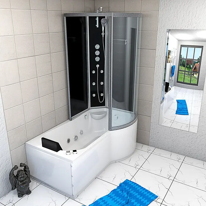 AcquaVapore Komplettdusche Fertigdusche K50-L32-WP - Schwarz - Weiße Eckbadewanne mit integrierter schwarzer und gläserner Duschkabine in einem modernen Badezimmer.