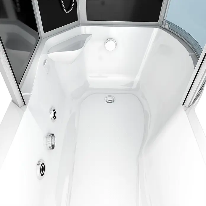 AcquaVapore Komplettdusche Fertigdusche K50-L30-WP - Schwarz - Innenansicht einer weißen Duschkabine mit strukturierter Bodenfläche, Chromarmaturen und Deckenleuchte.