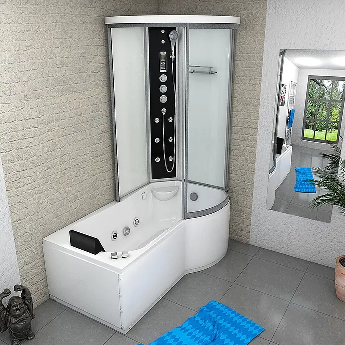 AcquaVapore Komplettdusche Fertigdusche K55-L03-WP - 170 x 98 x 220 cm, Weiß - Weiße Eckbadewanne mit integrierter Duschkabine, schwarzem Bedienfeld und Massagedüsen, in einem modernen Badezimmer.