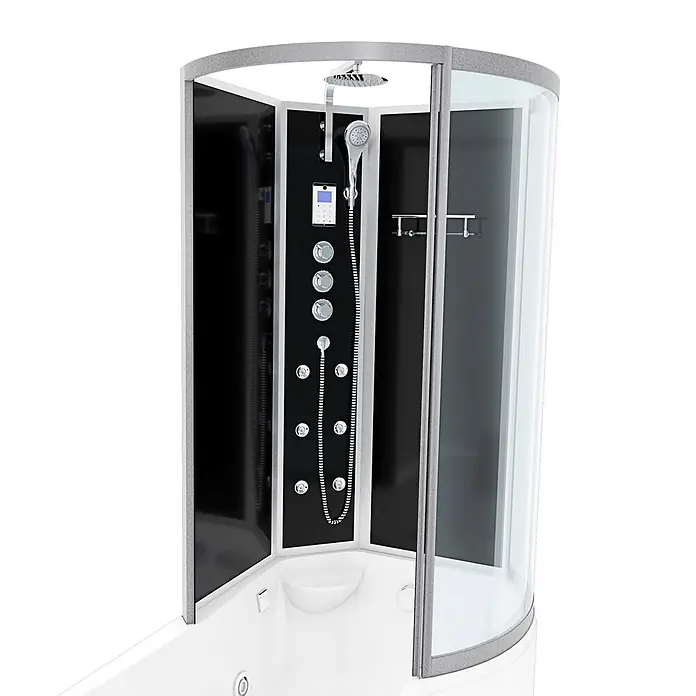 AcquaVapore Komplettdusche Fertigdusche K50-L33-WP-EC - Schwarz - Eine moderne Eckduschkabine mit weißer Badewanne, schwarzen Rückwänden, Chromarmaturen und Klarglastüren.