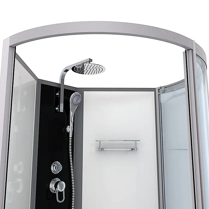 AcquaVapore Komplettdusche Fertigdusche K50-L00-WP - Weiß - Moderner Duschkabinen-Innenraum mit schwarzem Panel, Chrom-Regen- und Handbrause, Armaturen und Handtuchhalter. Grau texturierter Rahmen.