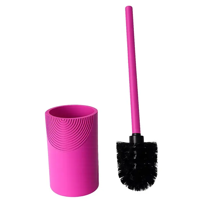 Camargue WC-Bürstengarnitur Design - Pink, Rund, Ø x H: 8,8 cm x 35,4 mm - Rosa Toilettenbürste mit schwarzem Kopf und passendem geripptem Halter.