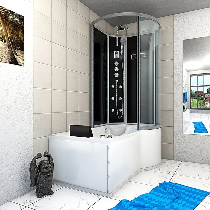 AcquaVapore Komplettdusche Fertigdusche K50-L33-WP-EC - Schwarz - Weiße Eckduschkabine mit integrierter Badewanne und schwarzem Duschpaneel in einem modernen Badezimmer.