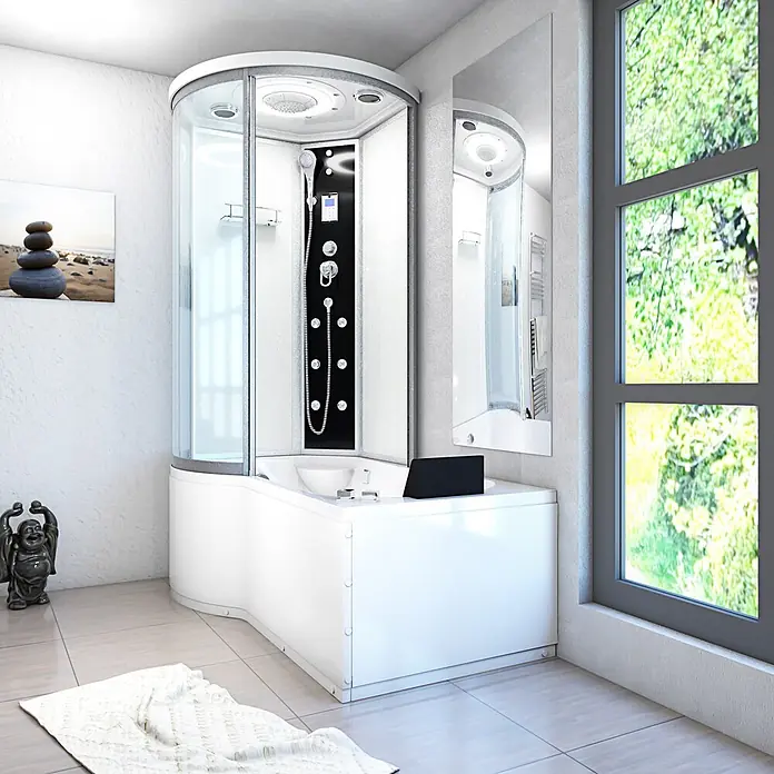 AcquaVapore Komplettdusche Fertigdusche K55-R01-WP - Weiß - Weiße Eckduschkabine mit integrierter Badewanne und schwarzem Bedienfeld, in einem modernen Badezimmer.