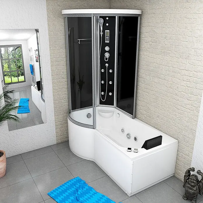 AcquaVapore Komplettdusche Fertigdusche K55-R31-WP - 98 x 170 x 220 cm, Schwarz - Weiße Eckbadewanne mit integrierter schwarz-silberner Duschkabine, mit Hydromassagedüsen und Bedienfeld, in einem modernen Badezimmer.