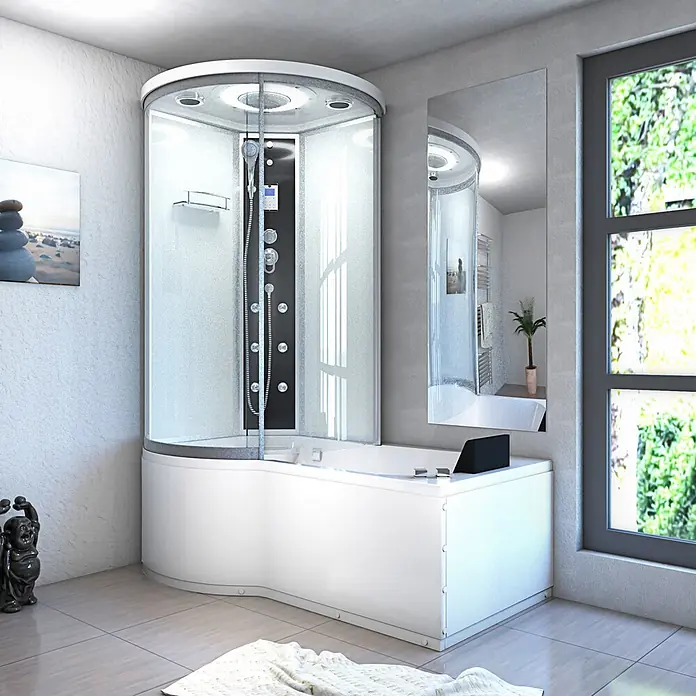 AcquaVapore Komplettdusche Fertigdusche K55-R01-WP - Weiß - Weiße L-förmige Eckduschkabine mit integrierter Badewanne, Klarglas und schwarzem Duschpaneel.