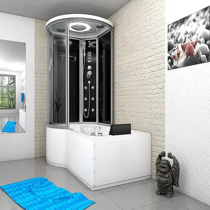 AcquaVapore Komplettdusche Fertigdusche K55-R31-WP - 98 x 170 x 220 cm, Schwarz - Weiße Eck-Duschkabine mit integrierter Badewanne, schwarzen und klaren Glaspaneelen, im modernen Bad.