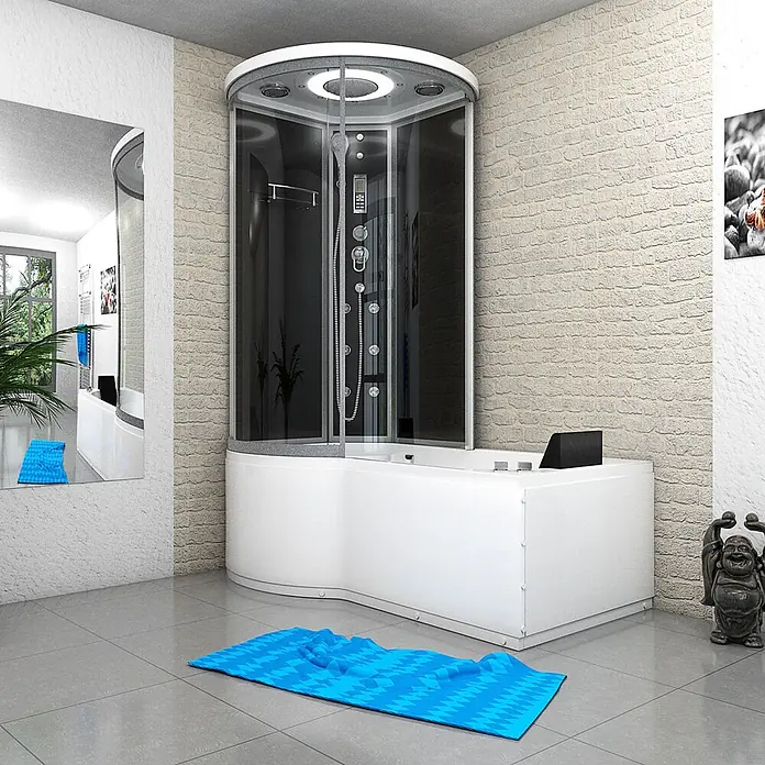 AcquaVapore Komplettdusche Fertigdusche K55-R31-WP - 98 x 170 x 220 cm, Schwarz - Weiße Eckduschkabine mit integrierter Badewanne und dunkler Glasabtrennung im modernen Badezimmer.