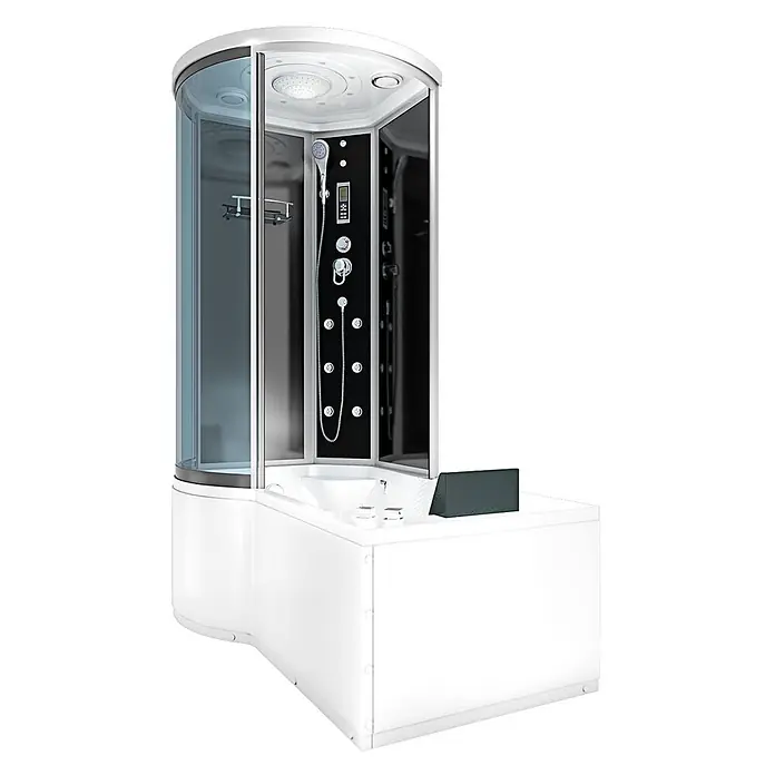 AcquaVapore Komplettdusche Fertigdusche K55-R31-WP - 98 x 170 x 220 cm, Schwarz - Weiße Dusch- und Badewannenkombination mit Glasabtrennung, schwarzer Rückwand, Bedienfeld, Kopf- und Handbrause sowie Massagedüsen.
