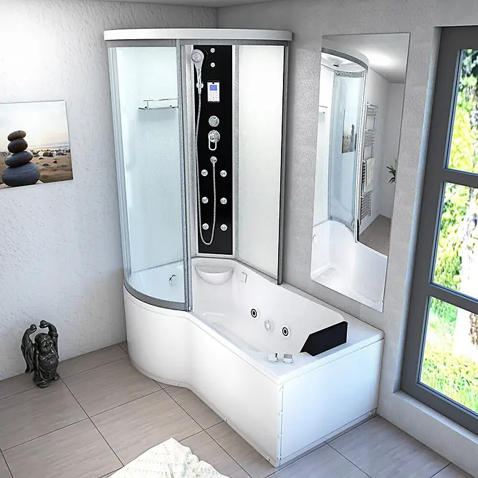 AcquaVapore Komplettdusche Fertigdusche K55-R01-WP - Weiß - Moderne weiße Eckduschkabine mit integrierter Whirlpool-Badewanne, schwarzem Duschpaneel und Chromdetails.