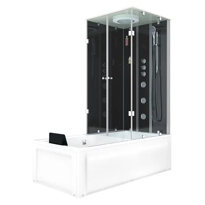 AcquaVapore Komplettdusche Fertigdusche K05-L32-WP - Schwarz - Weiße Badewanne mit Glas-Duschkabine, schwarzer Rückwand, Kopfbrause, Handbrause und Massagedüsen.