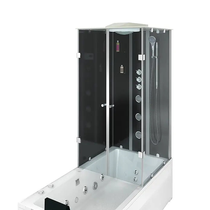 AcquaVapore Komplettdusche Fertigdusche K05-L32-WP - Schwarz - Moderne weiß-schwarze Dusch-Badewannen-Kombination mit Glasabtrennung, Regendusche, Handbrause und Hydromassagedüsen.