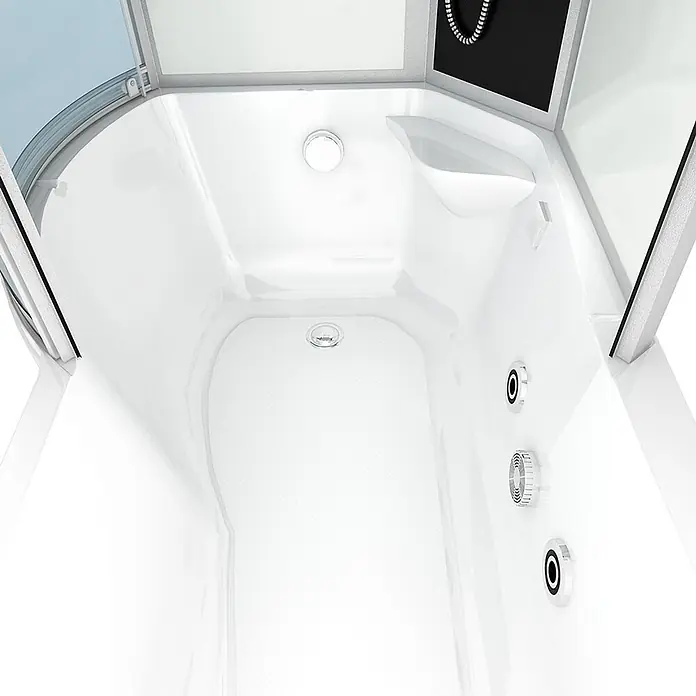 AcquaVapore Komplettdusche Fertigdusche K55-R03-WP-EC - Weiß - Weißer Duschkabinen-Innenraum mit geschwungenem Design, integriertem Sitz, Abfluss und Massagedüsen.