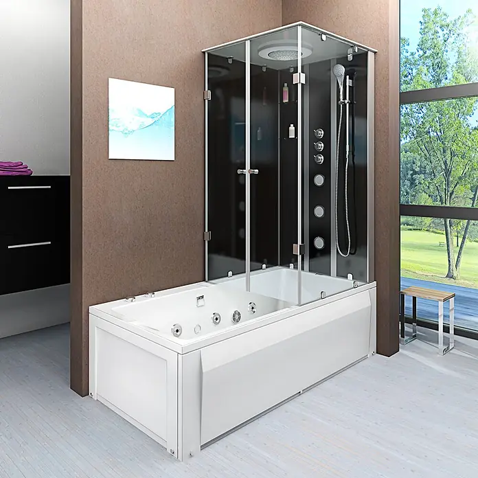 AcquaVapore Komplettdusche Fertigdusche K05-L32-WP - Schwarz - Moderne weiße Badewanne mit integrierter Duschkabine, Glaspaneelen, dunklem Interieur, Massagedüsen und Regendusche.