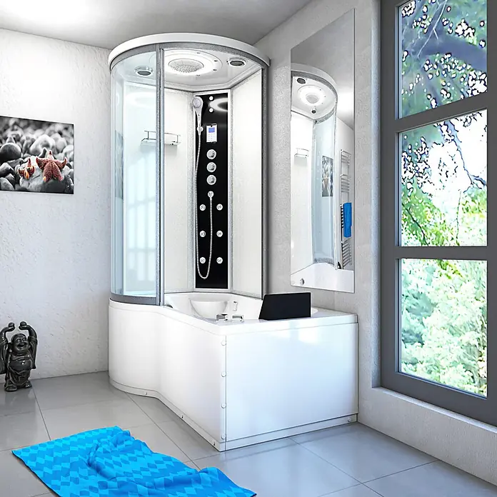 AcquaVapore Komplettdusche Fertigdusche K55-R03-WP-EC - Weiß - Weiße Eck-Duschkabinen- und Badewannenkombination mit schwarzem Bedienfeld in einem modernen Badezimmer.