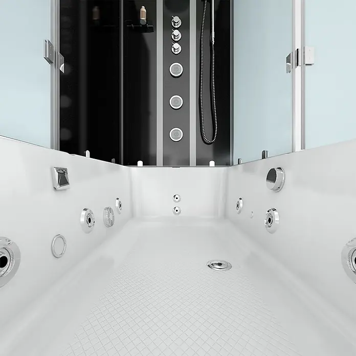AcquaVapore Komplettdusche Fertigdusche K05-L32-WP - Schwarz - Weiße Hydromassagewanne mit Chromdüsen und integriertem schwarz-grauem Duschpaneel mit Klarglastüren.