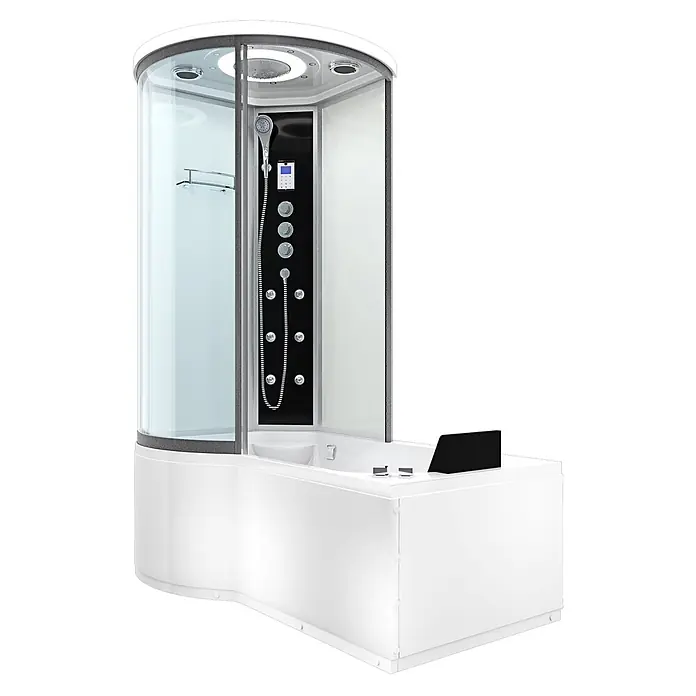 AcquaVapore Komplettdusche Fertigdusche K55-R03-WP-EC - Weiß - Weiß-schwarze Dusch-Badewannen-Kombination mit gebogener Glasduschkabine und Hydromassagedüsen.