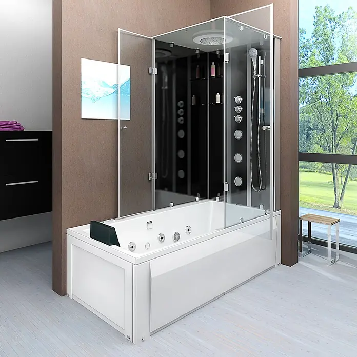 AcquaVapore Komplettdusche Fertigdusche K05-L32-WP - Schwarz - Moderne weiße Badewannen-Duschkabinen-Kombination mit Glasabtrennung und Hydromassagedüsen im modernen Badezimmer.