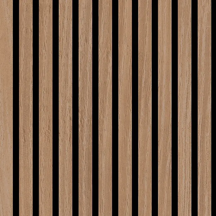 Jangal Akustikpaneel Modular Wall Furnier - Davert Oak, 1.040 x 520 x 10 mm - Akustische Wandpaneele aus Holz mit vertikalen hellbraunen Lamellen und schwarzen Zwischenräumen.