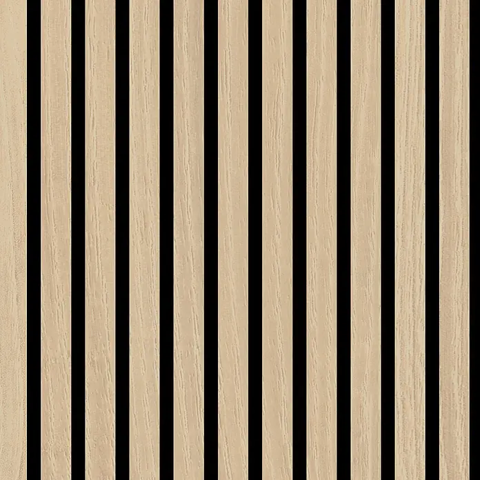 Jangal Akustikpaneel Modular Wall Furnier - Fanal Oak, 1.040 x 520 x 10 mm - Helle Holzvertäfelung mit vertikalen Latten und schwarzen Zwischenräumen.