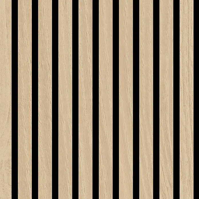 Jangal Akustikpaneel Modular Wall Furnier - Fanal Oak, 520 x 520 x 10 mm - Helle Holzlamellenwandplatte mit schwarzen vertikalen Fugen.