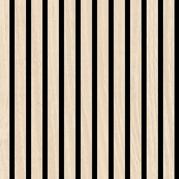 Jangal Akustikpaneel Modular Wall Furnier - Letea Oak, 520 x 520 x 10 mm - Helle beige vertikale Holzlamellen-Wandverkleidung mit schwarzen Zwischenräumen.