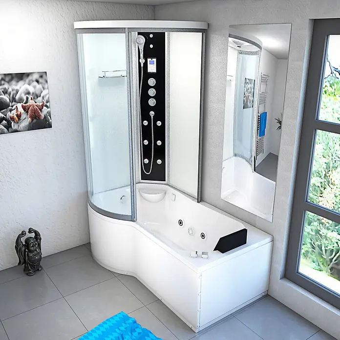 AcquaVapore Komplettdusche Fertigdusche K55-R03-WP-EC - Weiß - Weiße Eckduschkabine mit integrierter Whirlpool-Badewanne, schwarzem Bedienfeld und Glastüren für moderne Bäder.